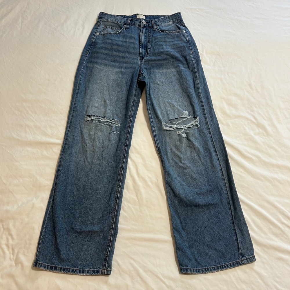 Simple Society Wide Leg Distressed Jeans Medium Wash High Rise Size 5/27 23078-M